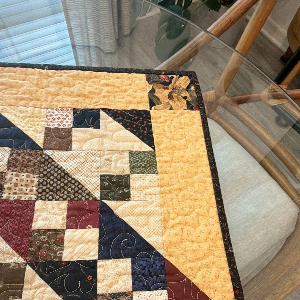 Handmade Quilted Cotton Patchwork Square Table Topper Beige Floral 23.5in